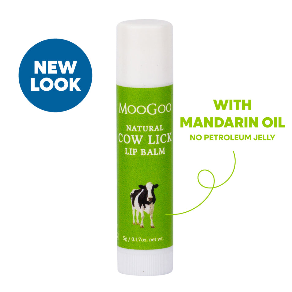 MooGoo Cow Lick Lip Balm on plain background, natural lip moisturiser with edible ingredients for smooth soft lips, petroleum free, all natural.
