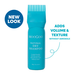MooGoo natural dry shampoo with packaging and comb applicator on a white background
