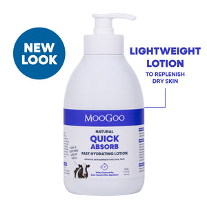 MooGoo Natural Quick Absorb Lotion 500g, lightweight fast absorbing moisturiser with chamomile, aloe vera and olive squalane for sensitive skin, improve barrier function.