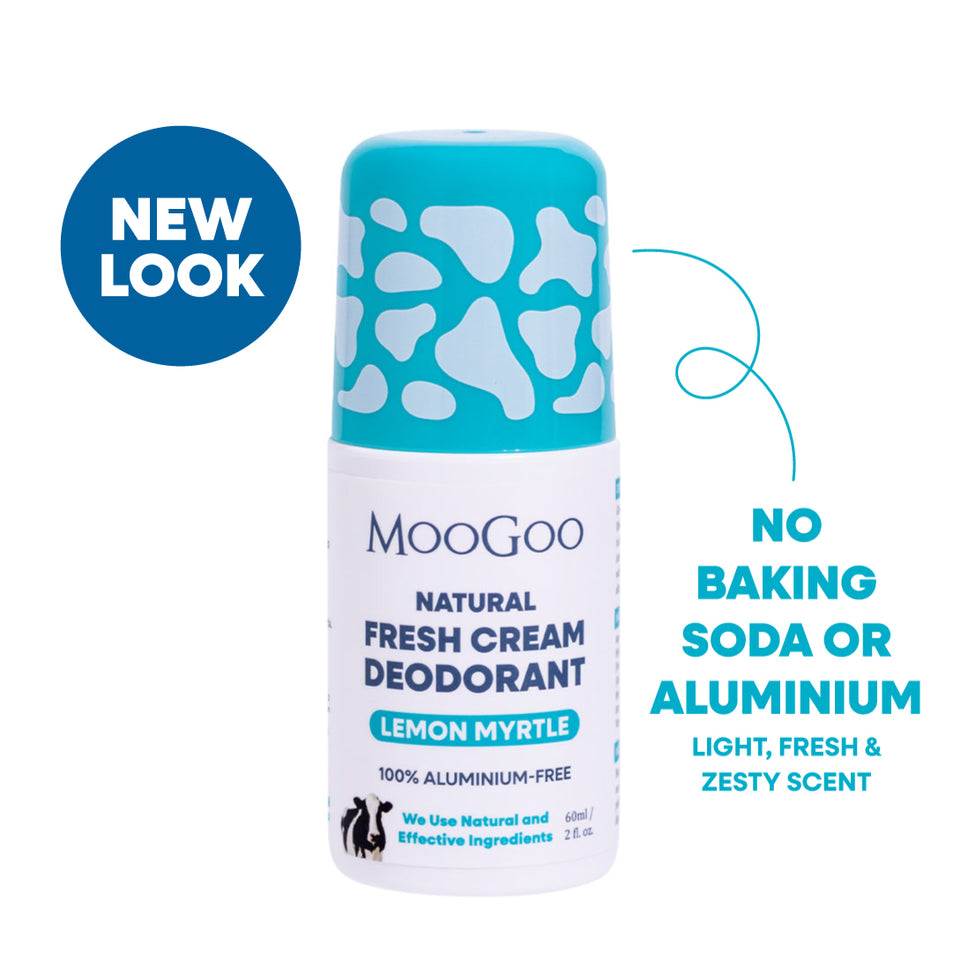 MooGoo Fresh Cream Deodorant Lemon Myrtle displayed on clean white backdrop, natural roll-on with light citrus fragrance and alkaline formula, natural roll-on formula to control odour without irritation