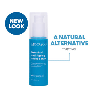 MooGoo Bakuchiol Anti-Ageing Serum shown against white background, plant-based, natural retinol alternative for boosting collagen and rejuvenating skin.