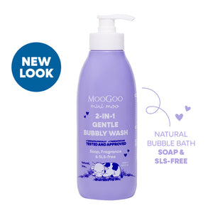 MooGoo Mini Moo Baby and Child Natural 2 in 1 Bubbly Wash 500ml in white background, Paediatrician approved gentle cleaner & bubble bath. Soap & SLS free. Tear free formula.