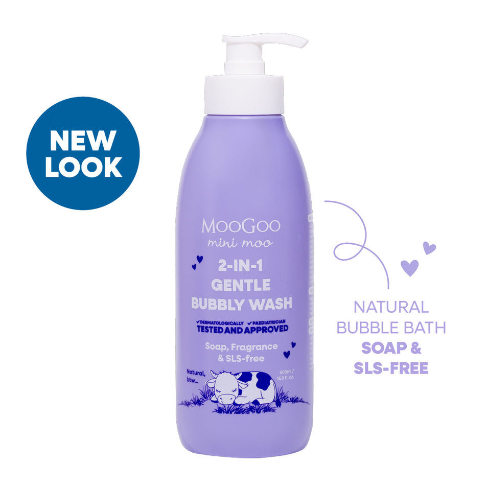 MooGoo Mini Moo Baby and Child Natural 2 in 1 Bubbly Wash 500ml in white background, Paediatrician approved gentle cleaner & bubble bath. Soap & SLS free. Tear free formula.