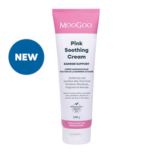 MooGoo Pink Eczema Cream tube on a white background. Soothe dry, sensitive itchy skin