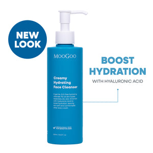 MooGoo Creamy Hydrating Face Cleanser in a bright blue pump bottle, shown on a white background, natural face cleanser for all skin types, Silky Smooth Formula With Hyaluronic Acid for Soft, Hydrated Skin