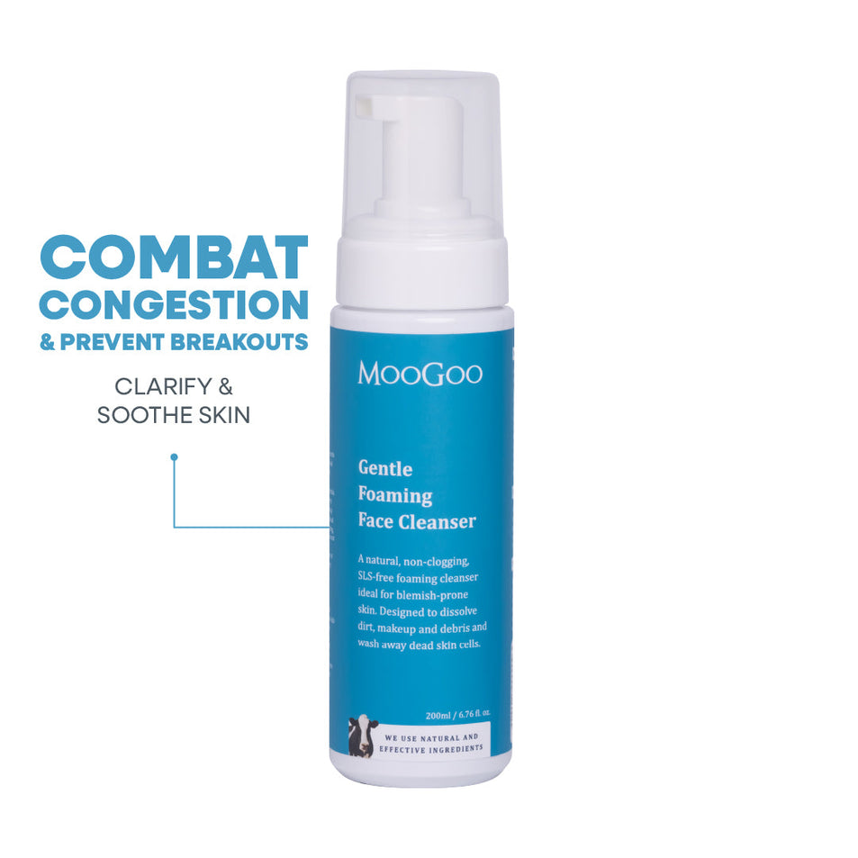 MooGoo Gentle Foaming Face Cleanser on white background, natural non-clogging SLS-free cleanser to combat congestion and breakouts, clarify and soothe skin