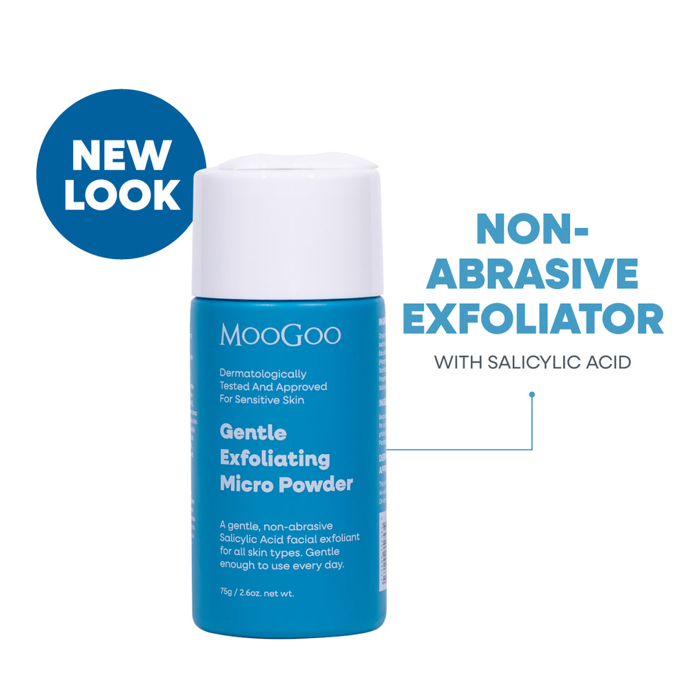MooGoo Gentle Exfoliating Micro Powder on white background, salicylic acid facial exfoliant with rice bran powder, gently exfoliates and smoothes skin. 