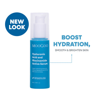 MooGoo Hyaluronic Acid and Niacinamide Active Serum on plain white background, hydrating face serum with vitamin B3 for fine lines and wrinkles, regulate oil and retain moisture