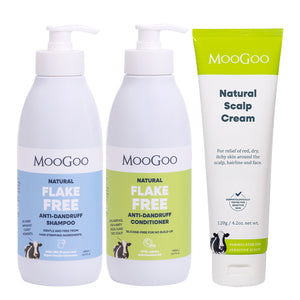 MooGoo Scalp Repair Pack on white background, including natural shampoo, conditioner and scalp cream for dandruff and seborrheic dermatitis, gentle on sensitive scalps. 