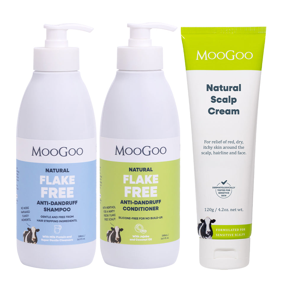 MooGoo Scalp Repair Pack on white background, including natural shampoo, conditioner and scalp cream for dandruff and seborrheic dermatitis, gentle on sensitive scalps. 