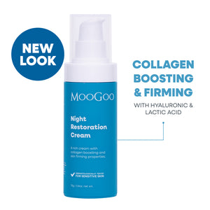 MooGoo Night Restoration Cream in a blue pump bottle with a white cap, shown on a white background. Collagen boosting and firming night cream with hyaluronic acid and lactic acid. 