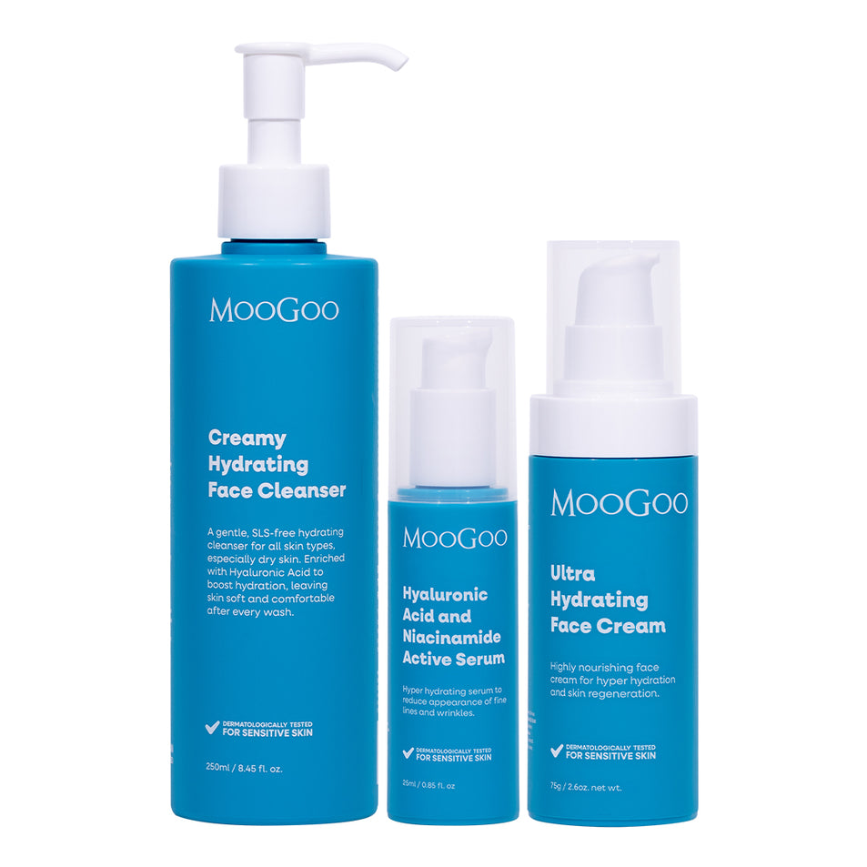 MooGoo Face Hydration Essentials Pack with Creamy Hydrating Face Cleanser, Hyaluronic Acid and Niacinamide Active Serum and Ultra Hydrating Face Cream, natural skincare products designed to rehydrate, nourish and restore skin moisture barrier. 