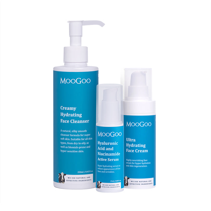 MooGoo Face Hydration Essentials Pack with Creamy Hydrating Face Cleanser, Hyaluronic Acid and Niacinamide Active Serum and Ultra Hydrating Face Cream, natural skincare products designed to rehydrate, nourish and restore skin moisture barrier. 
