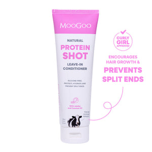 MooGoo Natural Protein Shot Leave-In Conditioner in a squeeze tube with a pink and white label, shown alongside text and a 'Curly Girl Approved' badge on a white background. Natural silicone-free formula for hair protection, encourages hair growth and prevents split ends. 