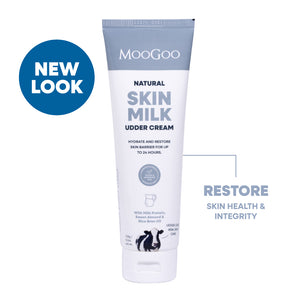 MooGoo Skin Milk Udder Cream on white background, natural restorative moisturiser with aloe vera and vitamin E for dry, sensitive or damaged skin.
