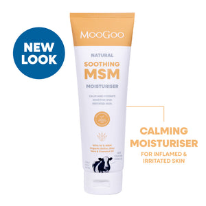 MooGoo Soothing MSM Moisturiser on white background, natural moisturiser with MSM and aloe vera to relieve itchiness, dryness and rosacea sensitivity