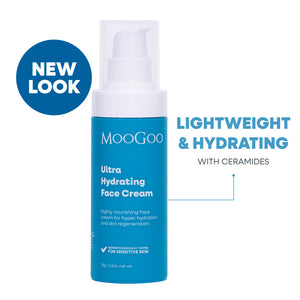MooGoo Ultra Hydrating Face Cream photographed on white, lightweight daily cream with ceramides to strengthen skin barrier and improve hydration.