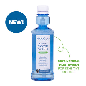 MooGoo Natural Moothwash Spearmint in hygienic blue bottle on white background, gentle alcohol and fluoride free mouthwash for healthy gums