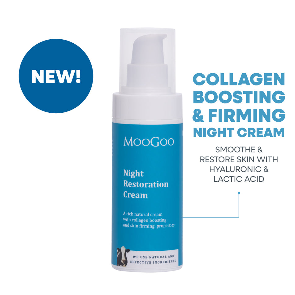 MooGoo Night Restoration Cream collagen boosting and firming night cream, 75g pump bottle with hyaluronic acid and lactic acid