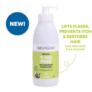 MooGoo Natural Pink Flake Free Anti-Dandruff Conditioner 500ml pump bottle, silicone free formula with jojoba and coconut oil to restore dry scalp