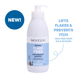MooGoo natural Flake Free Shampoo against minimal background, gentle SLS-free cleanser to fight dandruff and soothe itchy, flaky scalp