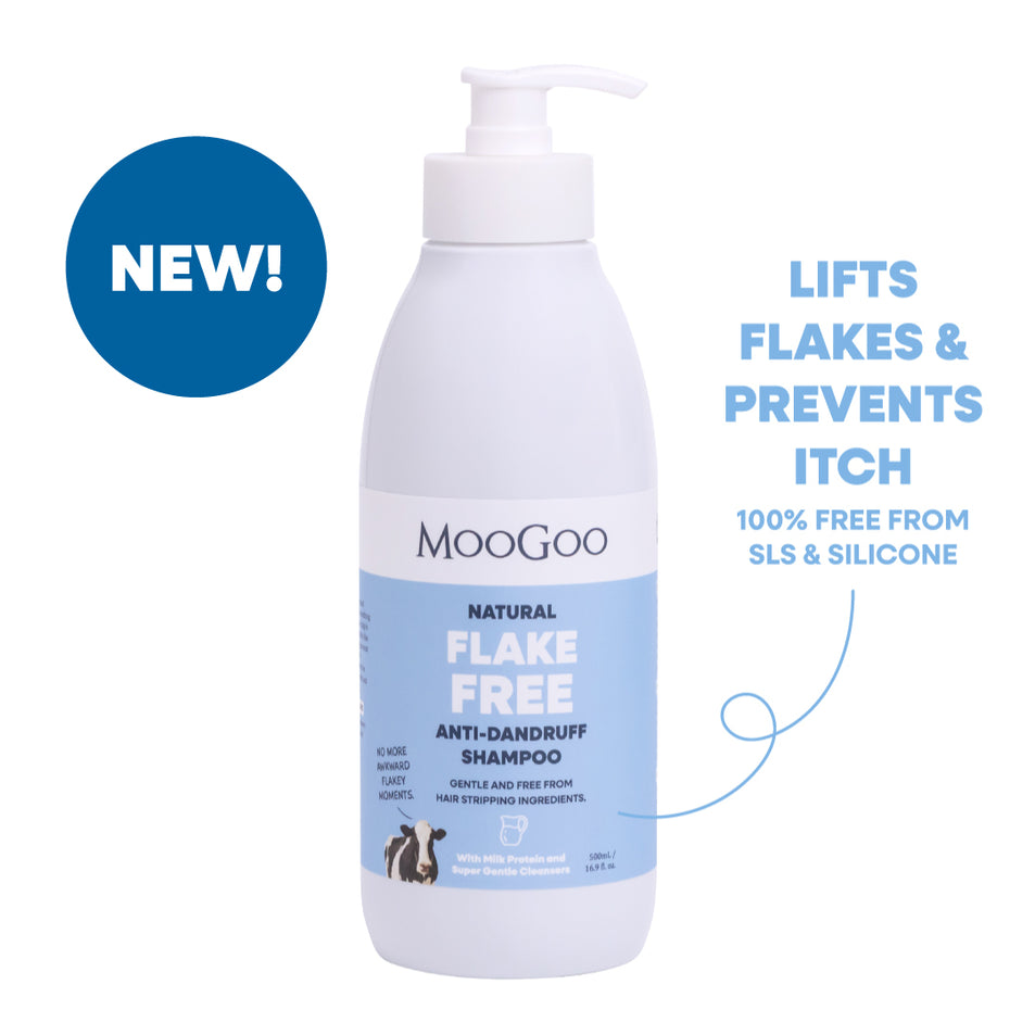 MooGoo natural Flake Free Shampoo against minimal background, gentle SLS-free cleanser to fight dandruff and soothe itchy, flaky scalp