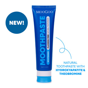 MooGoo Natural Moothpaste on white background, fluoride-free toothpaste with calcium hydroxyapatite and theobromine for cavity prevention