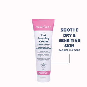 MooGoo Pink Soothing Cream in a 100g squeeze tube, featuring a white body with a bright pink cap and pink accents on the label. With B12 for ongoing eczema flare ups. 