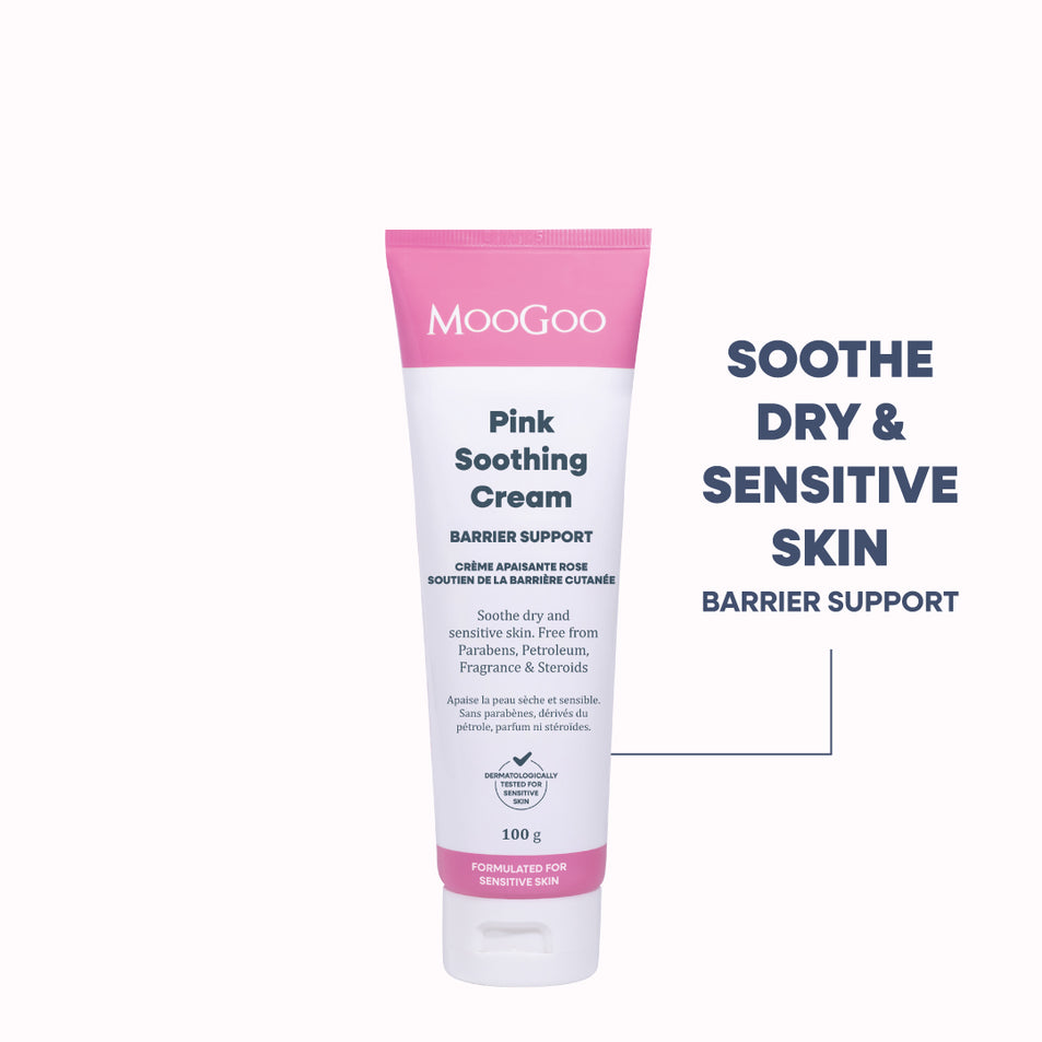 MooGoo Pink Soothing Cream in a 100g squeeze tube, featuring a white body with a bright pink cap and pink accents on the label. With B12 for ongoing eczema flare ups. 