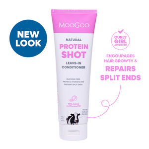 MooGoo Protein Shot Leave-In Conditioner 120g tube on white background, natural silicone-free formula for split ends and hair protection.