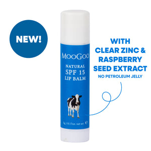 MooGoo Natural SPF 15 Lip Balm displayed upright in packaging, hydrating sun protective lip care with zinc oxide for smooth, moisturised lips.