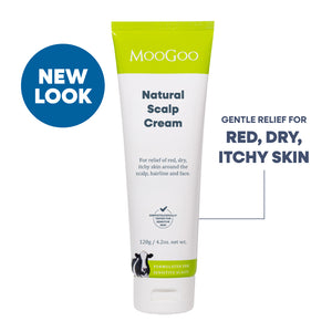 MooGoo Scalp Repair Cream on white background, Olive Oil and Coconut Oil formula for seborrheic dermatitis and psoriasis