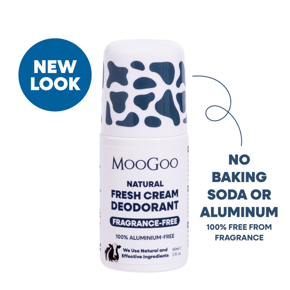 Natural Fresh Cream Deodorant Sensitive fragrance free variant by MooGoo, aluminium free deodorant on plain backdrop for delicate underarms
