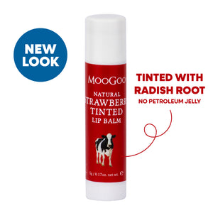 MooGoo Strawberry Tinted Lip Balm in box on plain white background, natural lip care with edible oils, soft hydration and a gentle strawberry flavour, phthalate free, petroleum free, beetle and synthetic dye free. 