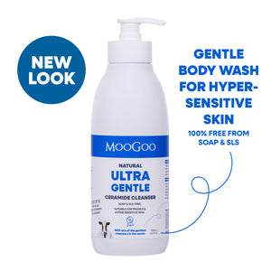 MooGoo Ultra Gentle Ceramide Cleanser on white background, for eczema prone and hypersensitive skin with ceramides to strengthen skin barrier